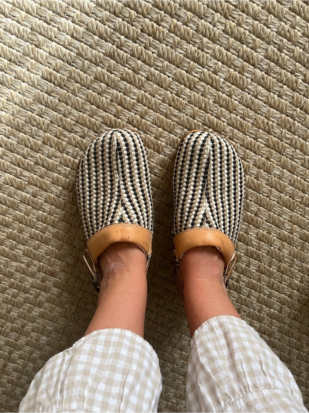 Black & Cream Woven Slip-On Mules with Tan Trim